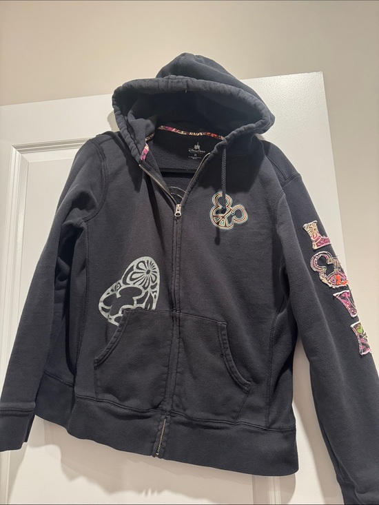 Disney parks Jackets & Blazers - Disney Black Zip-Up Hoodie with Floral Heart & Sleeve Appliqué